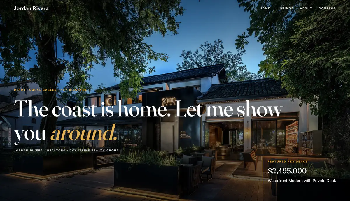 The Estate template's demo site on a desktop: a full-width evening photo behind the agent's name, headline and featured residence.